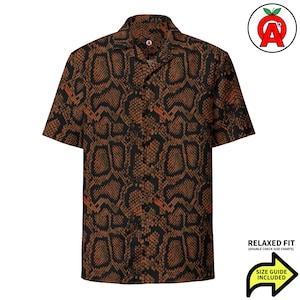 Exotic Snake Skin Python Reptile Pattern, Adult Unisex All-Over Relaxed Fit Button Up Hawaiian Shirt, Recycled Polyester, Moisture Wicking
