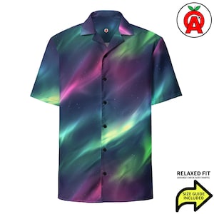 Aurora Borealis Northern Lights Hawaiian Shirt Button Down, Celestial Aloha Shirt, Stargazer Camp Shirt, Galaxy Button Up