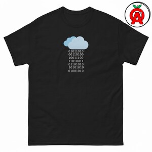 May include: A black short-sleeve t-shirt featuring a graphic of a light blue cloud with white binary code raining down from it. The binary sequence consists of seven rows of zeros and ones centered on the chest of the garment.