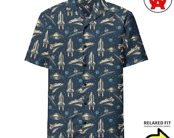 Outer Space Hawaiian Shirt, Space Shuttle Adult Unisex Short Sleeve Shirt, Planets All-Over Relaxed Fit Button Down Shirt, Galaxy