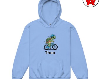 Whimsical Turtle Bicycle Hoodie, Animal Cycling Graphic Hoodie, Personalized Kids Fleece Pullover, Youth Bike Riding Cozy Sweatshirt