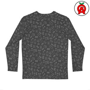 Könnte beinhalten: Dunkelgraues Langarmshirt mit einem weißen Umrissmuster verschiedener Gaming-Controller und Smartphones. Das Shirt hat einen Rundhalsausschnitt und lange Ärmel. Das Design wiederholt sich über das gesamte Shirt und erzeugt einen einheitlichen Look.