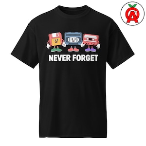 May include: Black t-shirt featuring a graphic of a floppy disk, cassette tape, and a cassette player, each with cartoon faces and feet. The text "NEVER FORGET" is printed below the graphics. The shirt has short sleeves.