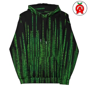 Peut inclure: Sweat à capuche noir avec un motif de pluie numérique vert. Le motif recouvre l'ensemble du sweat à capuche, y compris la capuche. Le sweat à capuche a un cordon de serrage et une poche kangourou. Un logo avec une pomme rouge et la lettre "A" est dans le coin supérieur droit.