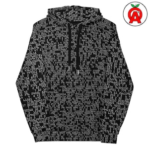 Peut inclure: Sweat à capuche noir avec un motif numérique blanc. Le sweat-shirt à capuche est doté d'un cordon de serrage et d'une poche kangourou. Le motif imprimé recouvre l'ensemble du vêtement, y compris la capuche et les manches. Le sweat est unisexe.