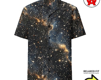Outer Space Hawaiian Shirt, Galaxy Aloha Shirt, Nebula Button Down, Cosmos Beach Top, Stargazer Camp Shirt, Astronomer Vacation Shirt