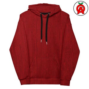 Peut inclure: Un sweat à capuche rouge avec un motif à rayures verticales. Le sweat à capuche a une capuche à cordon de serrage, une poche avant et des cordons noirs. Le motif est un motif répétitif de lignes rouges sur fond rouge.