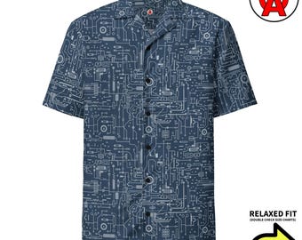 Circuit Board Print Pattern, Hawaiian Aloha Shirt, Adult Unisex All-Over Relaxed Fit Button Up Hawaiian Shirt, Moisture Wicking UPF50+ Mater