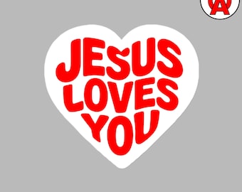 Pegatina de vinilo inspiradora con el texto "Jesús te ama" en forma de corazón para portátil, botella de agua, calcomanía de fe cristiana para diario bíblico, sin burbujas.