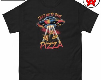 Pizza UFO Graphic Tee, Alien Abduction Classic Cotton Shirt, Retro Sci-Fi Casual Top, Humor Lovers Crew Neck Tee, Party Gift Unisex Shirt