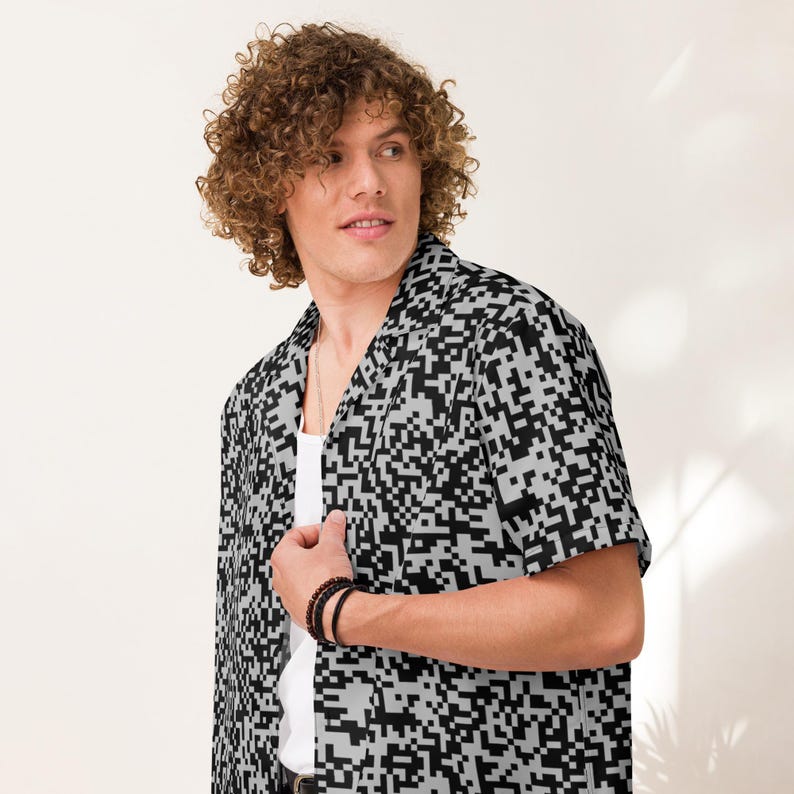 QR Code Barcode Data Matrix Pattern, Adult Unisex All-Over Relaxed Fit Button Up Hawaiian Shirt, Moisture Wicking UPF50+ Material, Tech Gift