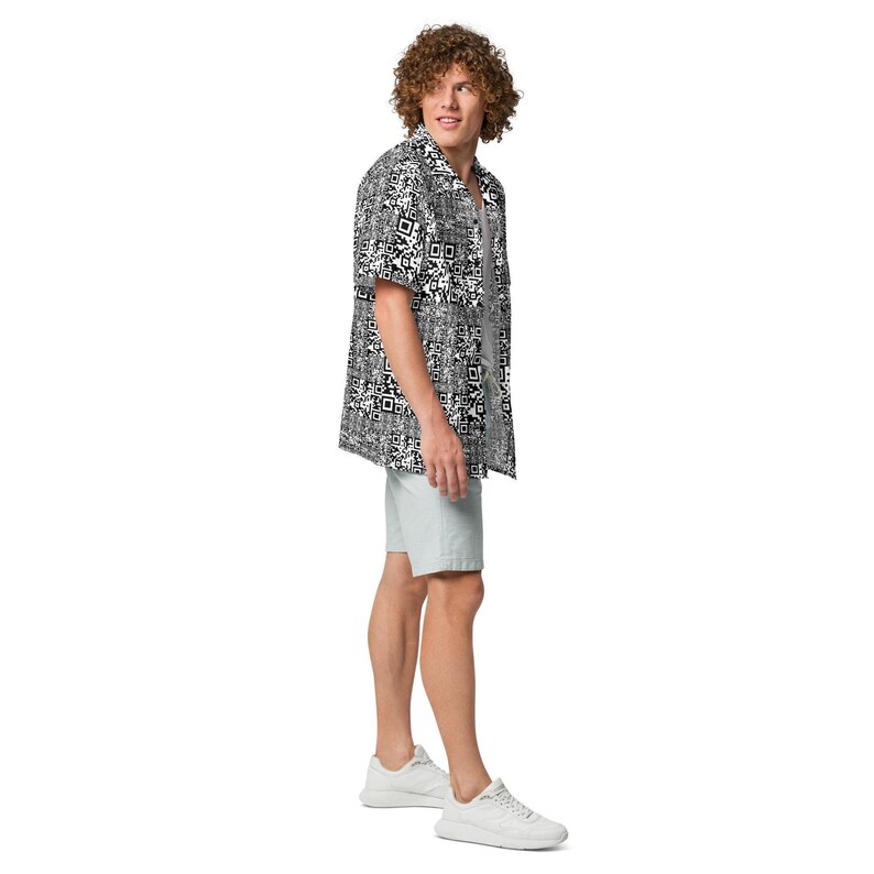 QR Code Barcode Data Matrix Pattern, Adult Unisex All-Over Relaxed Fit Button Up Hawaiian Shirt, Moisture Wicking UPF50+ Material, For Gift