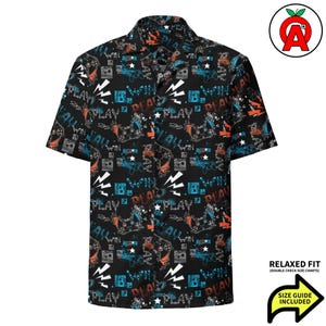 Stilvolles Modernes Videospiel- Controller-Spielmuster, Erwachsene Unisex All-Over-Relax-Passform Button Up Hawaiian, recyceltes Polyester, Atmungsaktiv Cons