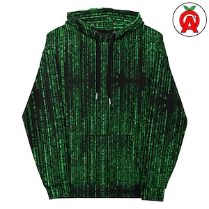 Peut inclure: Un sweat à capuche noir avec un motif de pluie numérique vert. Le sweat à capuche a une poche avant, des cordons noirs et un intérieur noir. Le design rappelle le film Matrix. Le sweat à capuche est un vêtement unisexe.
