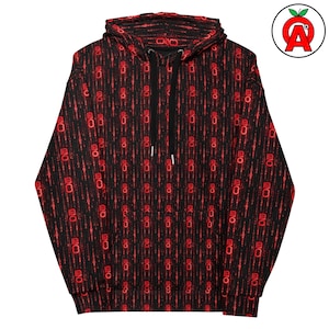 Peut inclure: Sweat à capuche noir avec un motif rouge de lignes verticales et de symboles répétés. Le sweat à capuche a un cordon de serrage et une capuche. Le motif couvre tout le vêtement, créant un effet visuel saisissant. C'est un vêtement confortable et élégant.