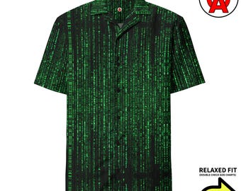 Camisa hawaiana de programación, camisa unisex para adultos con estampado de computadora, camisa de manga corta Matrix, camisa abotonada de corte relajado con estampado de código.
