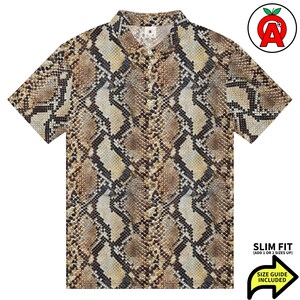 May include: Short-sleeved button-up shirt with a snakeskin pattern in shades of brown, tan, and cream. The shirt has a classic collar and a slim fit. The image includes a logo and text that says "Size Guide Included".