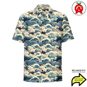 Japanese Wave Art Hawaiian Shirt, Adult Unisex All-Over Relaxed Fit Button Up Shirt, Ocean Lover Beach Wear, Artistic Surf Style Button Up