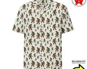 Bigfoot Hawaiian Shirt, Sasquatch Button Down, Cryptid Aloha Shirt, Forest Camp Shirt, Hiking Button Up, Legend Beach Top