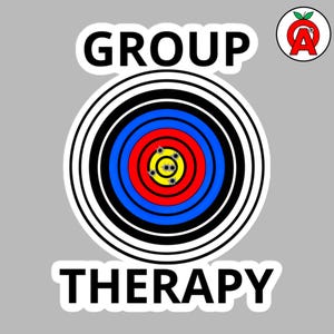 May include: A sticker with the words "GROUP THERAPY" above and below a target design. The target has concentric rings of black, white, blue, red, and yellow. Bullet holes are visible in the center. A logo with a red apple and the letter "A" is in the upper right corner.