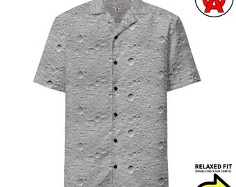 Moon Lunar Surface Pattern Hawaiian Shirt, Adult Unisex Short Sleeve All-Over Relaxed Fit Button Down Aloha Shirt