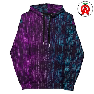 Peut inclure: Un sweat à capuche avec un motif de pluie numérique dans des tons de violet et de turquoise. Le sweat à capuche a un cordon de serrage noir et une poche avant. Le design recouvre tout le vêtement, créant un look moderne et inspiré de la technologie.