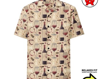 Camisa hawaiana de vino, camisa abotonada para amantes del vino, camisa Aloha de viñedo, top de playa de uvas, camisa de camping de botellas