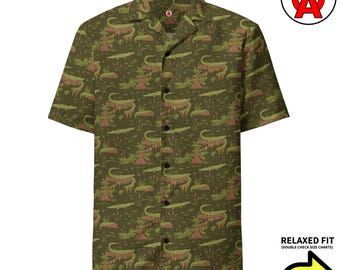 Realistic Swamp Crocodile Alligator Nature Pattern, Adult Unisex All-Over Relaxed Fit Button Up Hawaiian Shirt, Recycled Polyester
