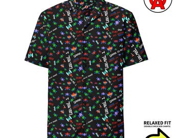8-Bit Space Alien Aloha Shirt, Retro Gaming Button Down, Arcade Game Camp Shirt, Pixel Art Beach Top, Video Game Vacation Shirt