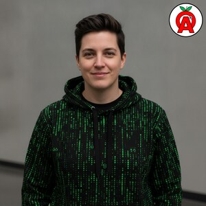 A non-binary coder in their 30s with tech conference vibes showing off Matrix Code Hoodie, Programming AOP Hoodie, Cyberpunk Unisex Top, Hacker Graphic Pullover, Binary Soft Sweater