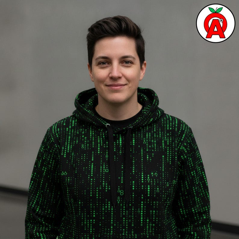 A non-binary coder in their 30s with tech conference vibes showing off Matrix Code Hoodie, Programming AOP Hoodie, Cyberpunk Unisex Top, Hacker Graphic Pullover, Binary Soft Sweater