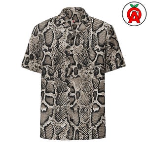 Camisa havaiana com estampa de pele de cobra, camisa de botão com estampa de píton, camisa havaiana estilo cobra, camisa de botão com estampa de réptil, blusa exótica para praia, camisa de acampamento com estampa de escamas