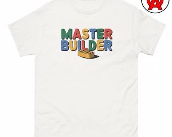 Mästerbyggare T-shirt, grafisk unisex-tröja med byggstenar, kreativ konstruktionsgåva, rolig byggartröja
