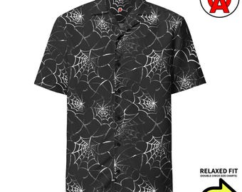Halloween-Hawaiihemd mit Spinnennetz-Motiv, Aloha-Hemd mit Knopfleiste, Gothic-Camp-Hemd, Gothic-Strandtop, Dunkle Resortmode