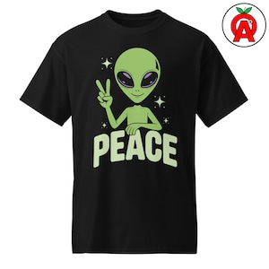 Alien Peace Sign Graphic Tee Adult Unisex DryBlend Shirt, UFO t-shirt, funny alien shirt, sci-fi top, space tee