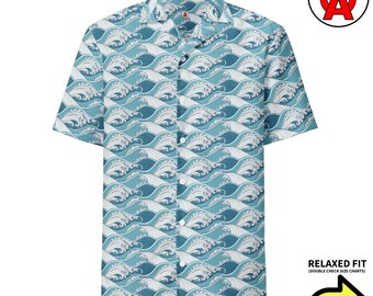 Japanese Great Wave Hawaiian Shirt, Ukiyo-e Aloha Shirt, Kanagawa Pattern Button Down, Wave Art Camp Shirt, Surfer Beach Top