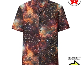 Cosmic Galaxy Hawaiian Shirt Button Down, Nebula Aloha Shirt, Starfield Button Up, Space Beach Top, Astronomy Resort Wear