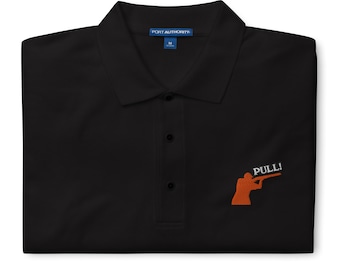 Pull, besticktes Unisex-Poloshirt für Erwachsene, Trap Skeet Sporting Clays Shooter mit gebrochenem Tontauben-Design, Geschenk für Schrotflintensport