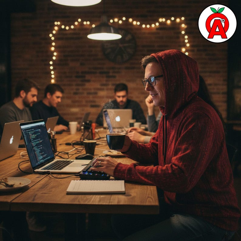 A non-binary developer in their 40s at a casual tech meetup wearing Matrix Code Hoodie, Binary Pattern Graphic Hoodie, Programming Pullover, Cyberpunk Coder Cozy Sweater, Hacker Unisex Top