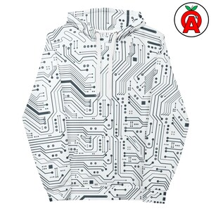 Peut inclure: Sweat à capuche blanc avec un motif de circuit imprimé répété en nuances de gris. Le sweat à capuche est doté d'une capuche à cordon de serrage et d'une poche kangourou. Le motif général ressemble aux composants internes d'un ordinateur.