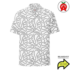 May include: White button-up shirt with a repeating gray chain pattern. The short-sleeved shirt has a relaxed fit and a collar. The image includes a logo and a size guide graphic.