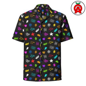 Camisa hawaiana unisex para adultos con estampado atrevido de arte callejero rock and roll, corte relajado y botones, poliéster reciclado, transpirable.