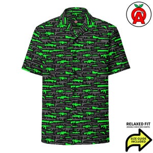 Rifle Aloha Shirt, Firearm Button Down, Gun Camp Shirt, Tactical Beach Top, Marksman Vacation Shirt