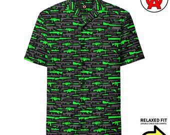 Rifle Aloha Shirt, Firearm Button Down, Gun Camp Shirt, Tactical Beach Top, Marksman Vacation Shirt