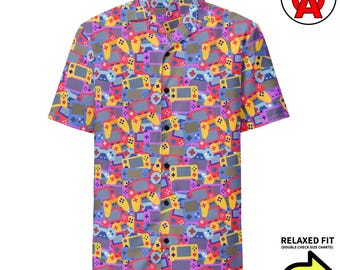 Camisa hawaiana unisex para adultos, con botones y corte holgado, con patrón de controlador de videojuegos, material que absorbe la humedad UPF50+, ideal como regalo para gamers.