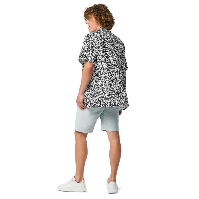 QR Code Barcode Data Matrix Pattern, Adult Unisex All-Over Relaxed Fit Button Up Hawaiian Shirt, Moisture Wicking UPF50+ Material, IT Gift