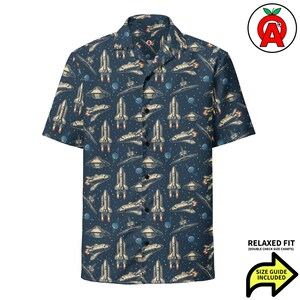 Outer Space Hawaii-Hemd Erwachsene Unisex All-Over Button Up Shirt, Galaxy Print, Sci-Fi Kleidung, Tropical Urlaub Shirt, UPF50 + Button Up