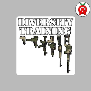 May include: A white sticker with the words "DIVERSITY TRAINING" in bold, outlined letters. Below the text are illustrations of various firearms in shades of green and brown camouflage. A red apple logo is in the upper right corner.