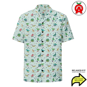Camisa hawaiana de dinosaurios, camisa unisex para adultos con estampado de bicicleta, camisa de corte relajado para patineta, camisa retro de manga corta con botones, blusa Aloha de aventura.