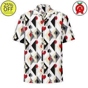 Playing Card Suit Pattern Adult Unisex All-Over Relaxed Fit Button Up Shirt, poker gift, casino wear, card game shirt, gambling style